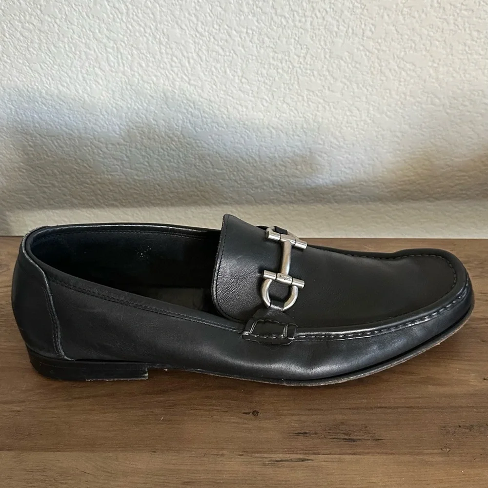 Salvatore Ferragamo Gancini Bit Men's Black Loafers with Silver Buckle
